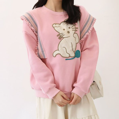 퍼니걸스 8701 기모 고양이 자수 프릴 맨투맨 티셔츠