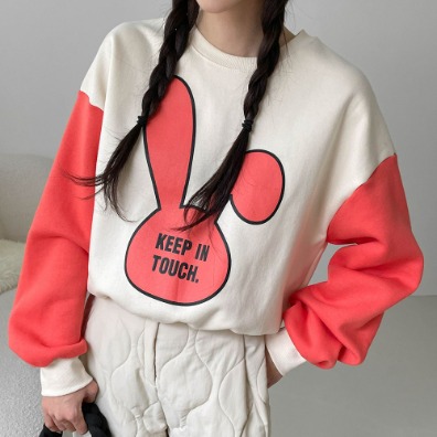 퍼니걸스 5890 배색 토끼 나염 프린팅 기모 맨투맨 티셔츠