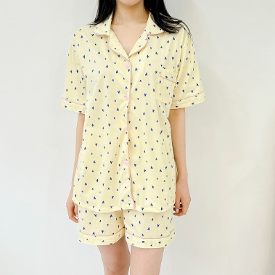 퍼니걸스 6466 여름 잠옷 반팔 하트 패턴 홈웨어 파자마 셔츠 실내복 세트룩