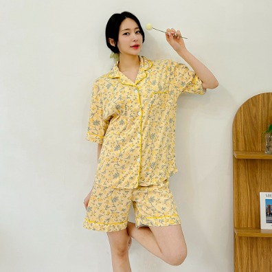 퍼니걸스 6465 여름 잠옷 플라워 패턴 홈웨어 파자마 셔츠 실내복 세트룩