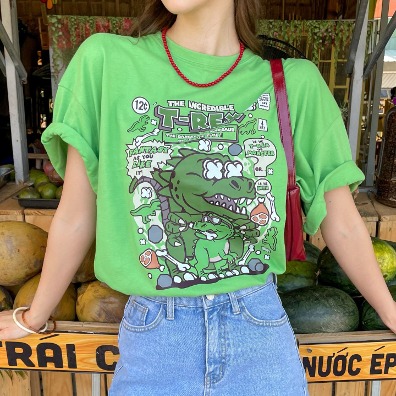 퍼니걸스 6701 박시핏 라운드 레터링 공룡 나염 프린팅 반팔 티셔츠