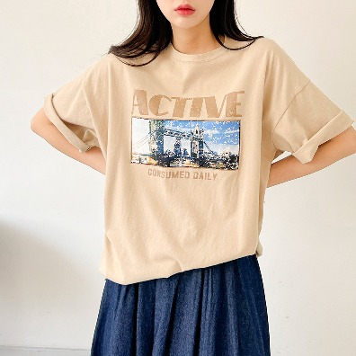 퍼니걸스 7567 루즈핏 라운드 런던 레터링 나염 프린팅  워싱 반팔 티셔츠